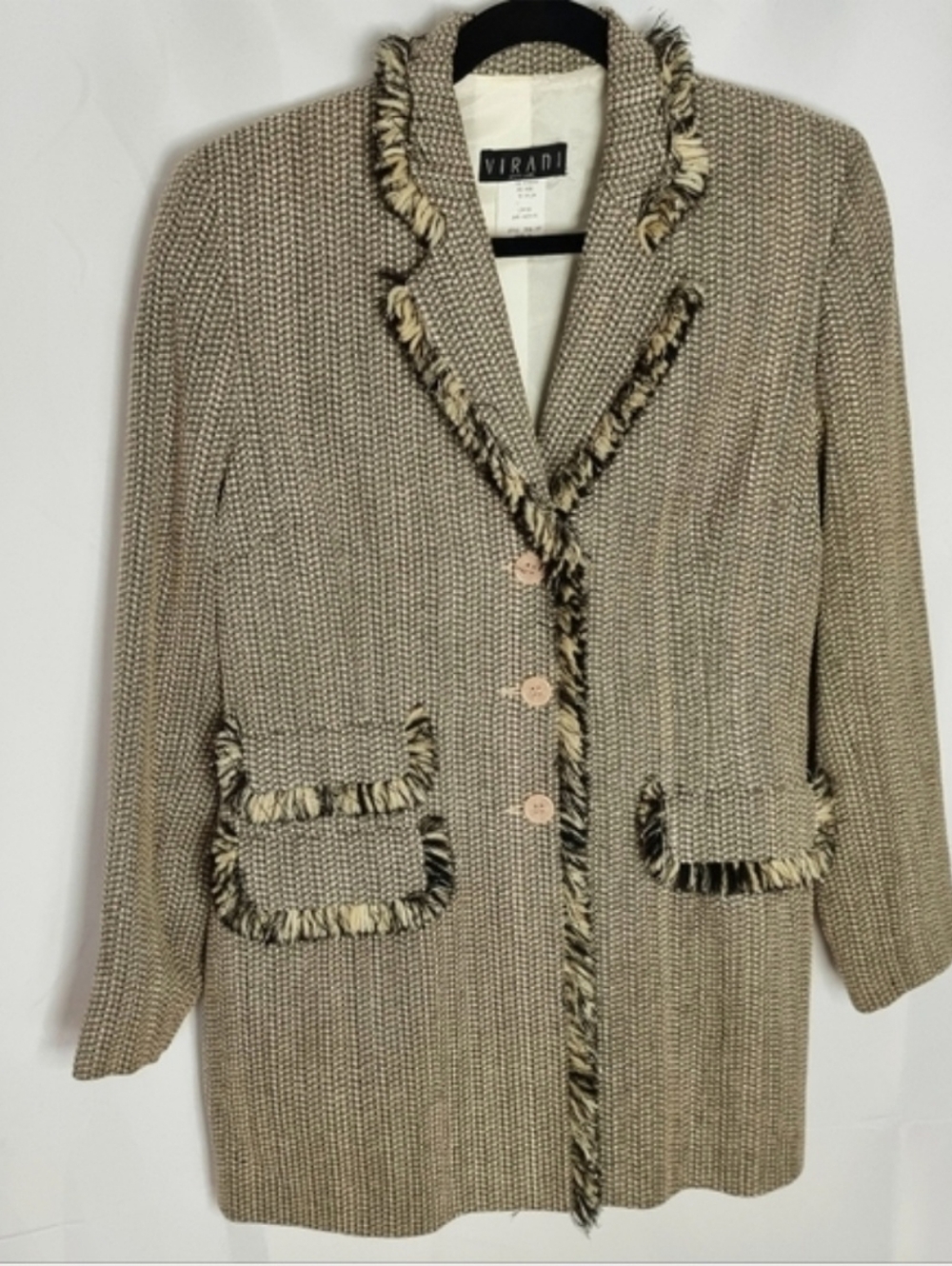 Vintage 80s Tweed Metallic Fringe Trim Black & Cream Women's Blazer Jacket Sz 8